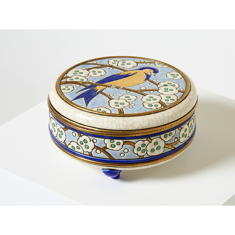 Caja de caramelos de cerámica esmaltada vintage, Francia 1940