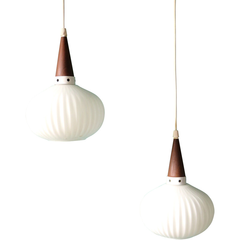 Vintage opaline and teak pendant lamp by Louis Kalff for Philips, Holland 1960