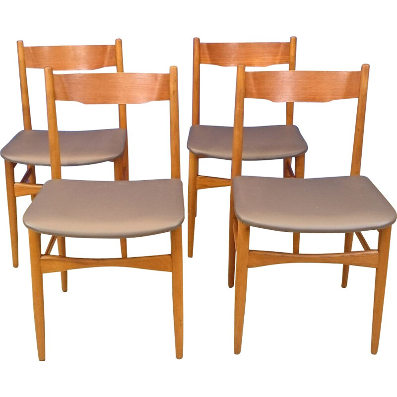 Suite de 4 chaises vintage scandinave en teck et simili gris - 1950
