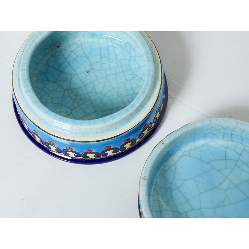 Ronde vintage turquoise blauwe Art Deco geglazuurde keramische doos, 1940