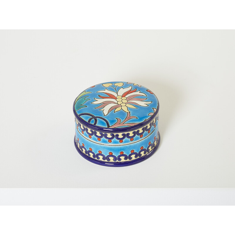 Caja redonda de cerámica esmaltada azul turquesa de época, 1940
