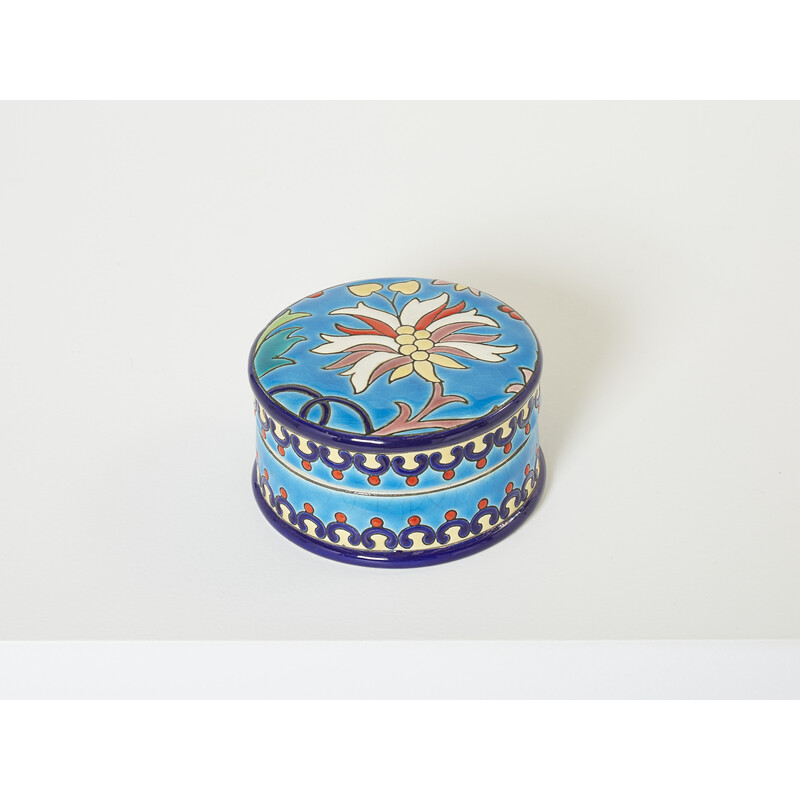 Round vintage turquoise blue Art Deco glazed ceramic box, 1940