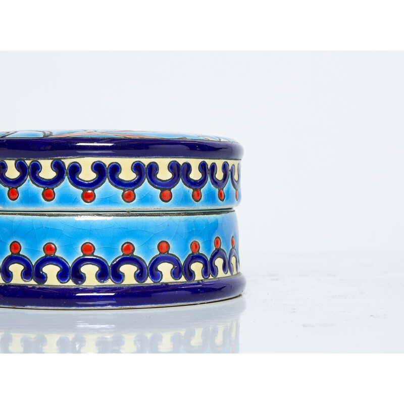 Scatola rotonda d'epoca in ceramica smaltata blu turchese Art Déco, 1940