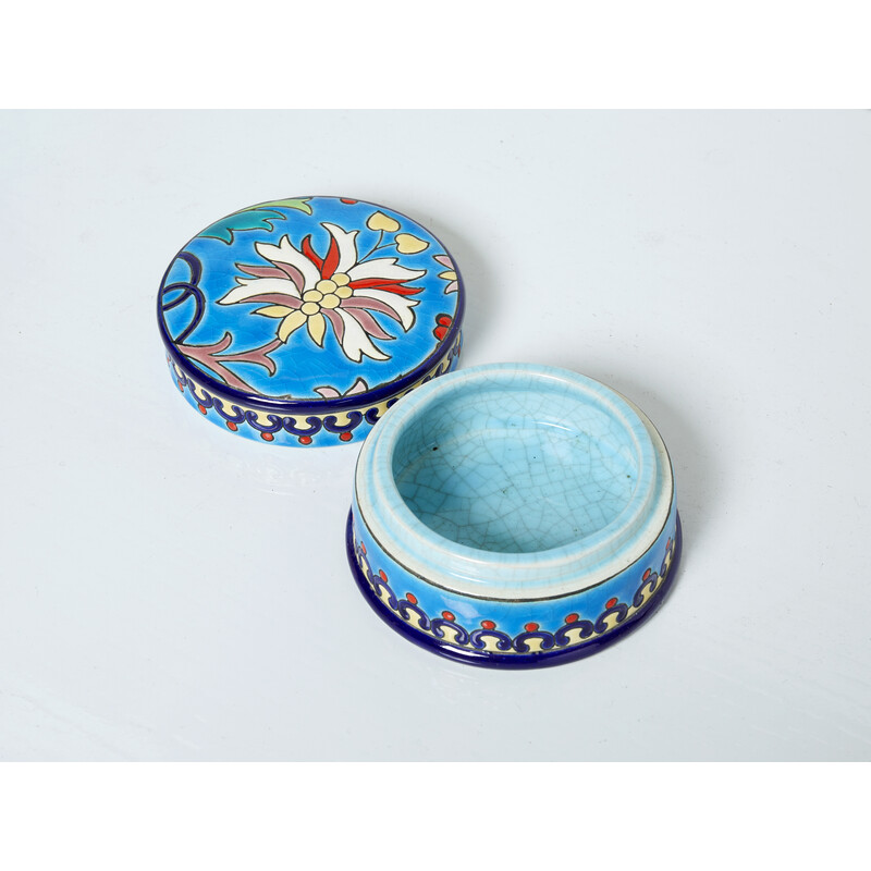 Scatola rotonda d'epoca in ceramica smaltata blu turchese Art Déco, 1940