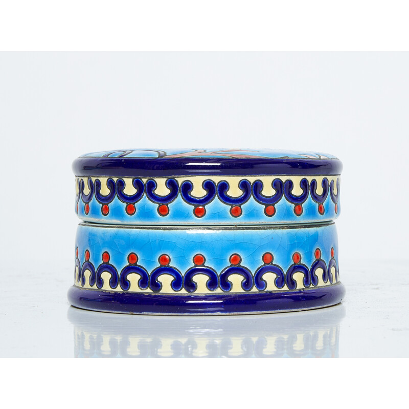 Caixa redonda de cerâmica Art Deco azul turquesa, 1940