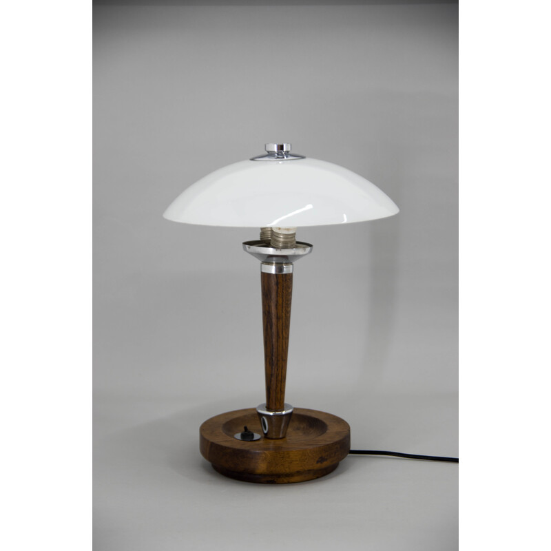 Lámpara de mesa Art Decó de madera y cristal, 1930