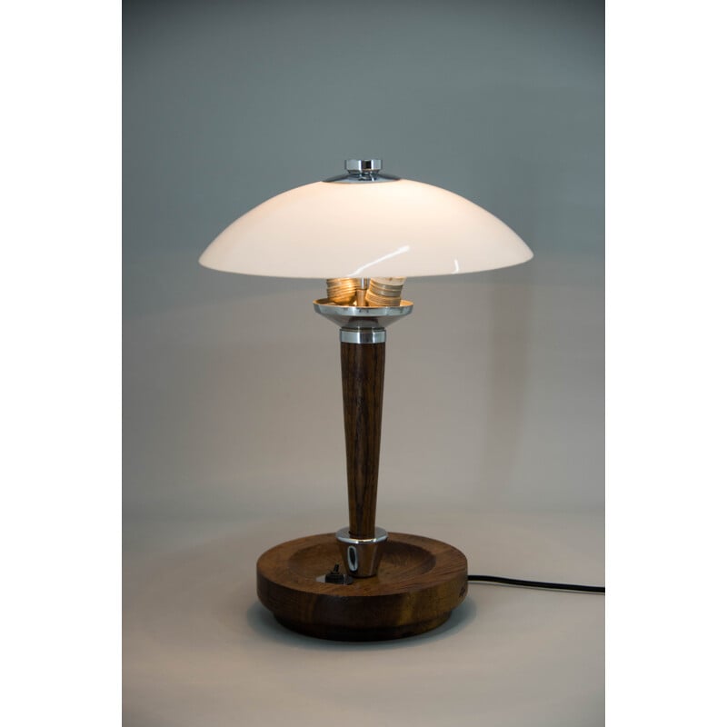 Lámpara de mesa Art Decó de madera y cristal, 1930