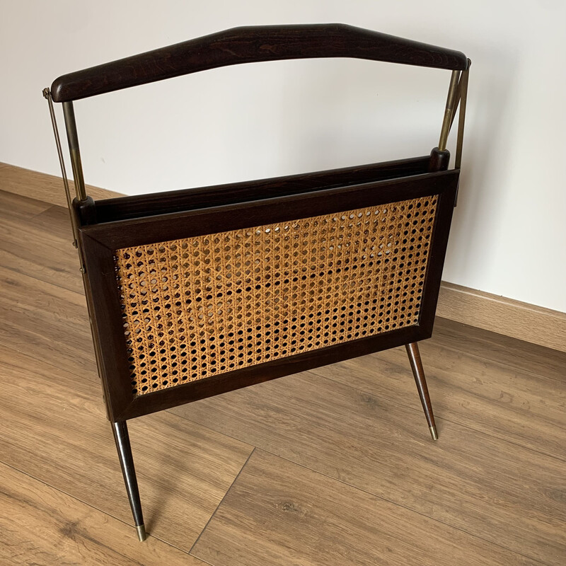 Vintage folding magazine rack in cane, wood and brass, 1950