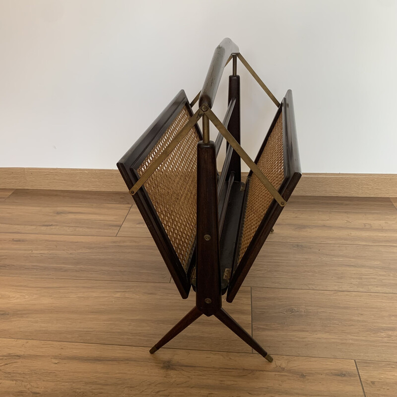 Vintage folding magazine rack in cane, wood and brass, 1950