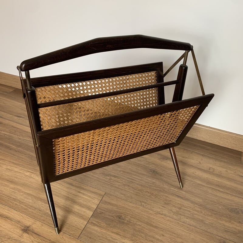 Revistero vintage plegable de caña, madera y latón, 1950