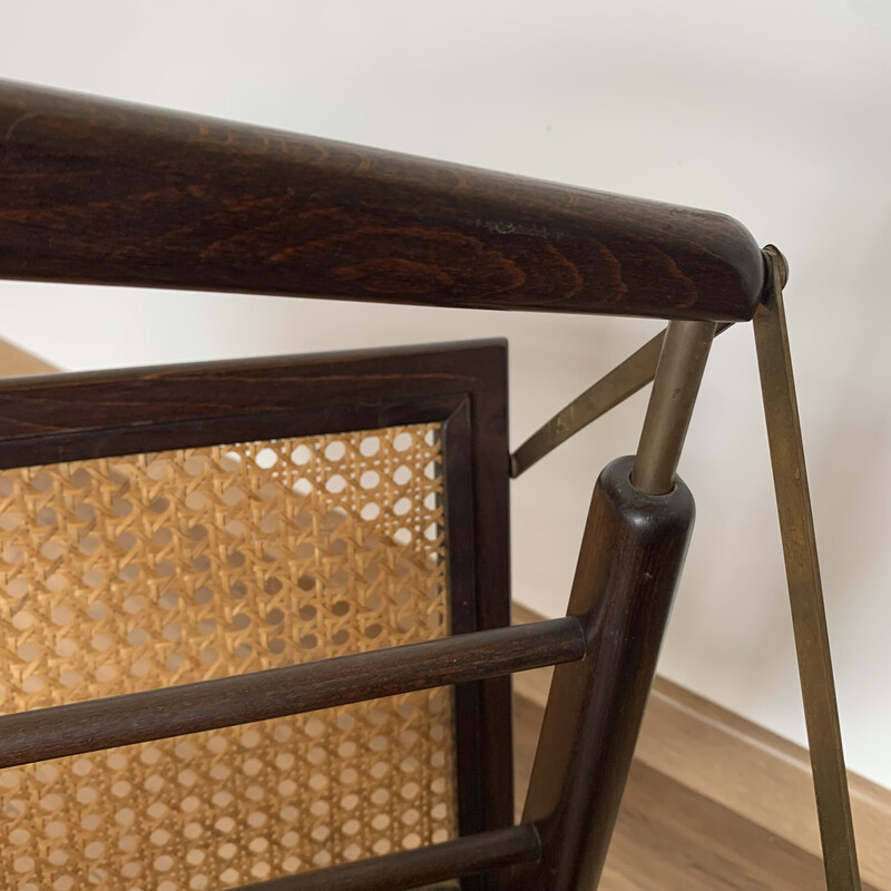 Vintage folding magazine rack in cane, wood and brass, 1950