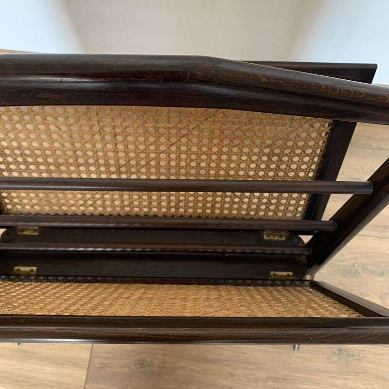 Vintage folding magazine rack in cane, wood and brass, 1950