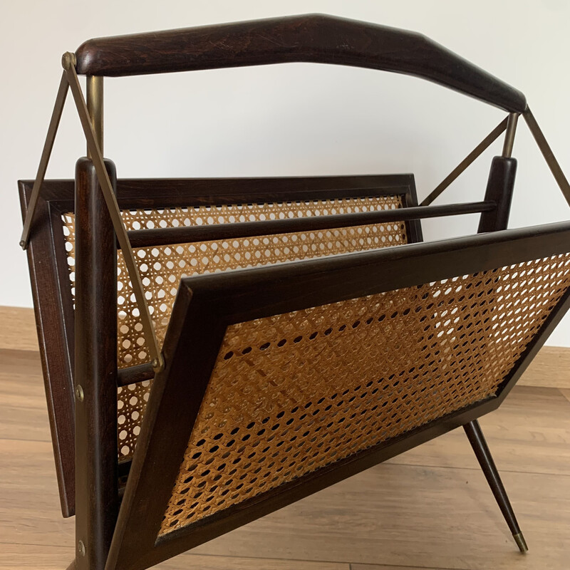 Vintage folding magazine rack in cane, wood and brass, 1950