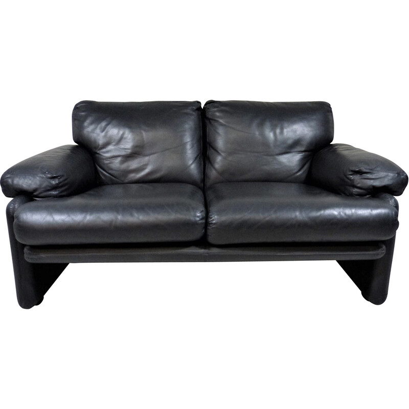 Vintage black leather two seats sofa by Tobia Scarpa for B and B, Italy 1960