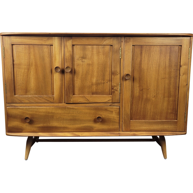 Vintage solid English elm sideboard with flared leg by Ercol, England 1960