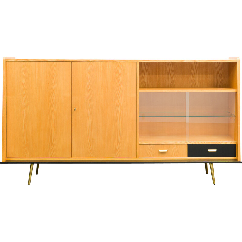 Vintage iepenhouten en glazen dressoir, 1950