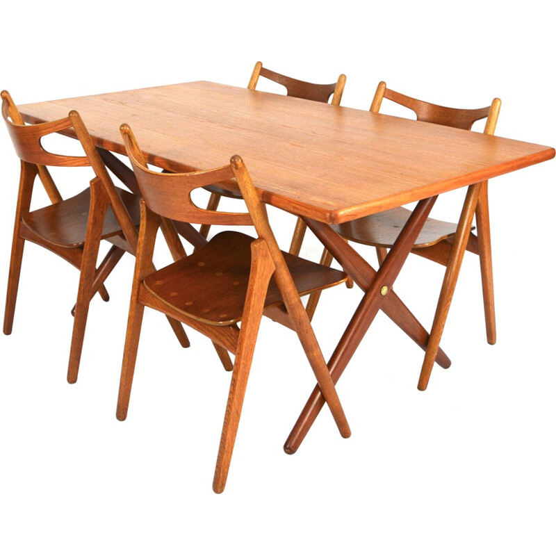 Set table à repas "AT-303" avec plateau en teck et chaises "Sawbuck" - Hans J. WEGNER - 1950