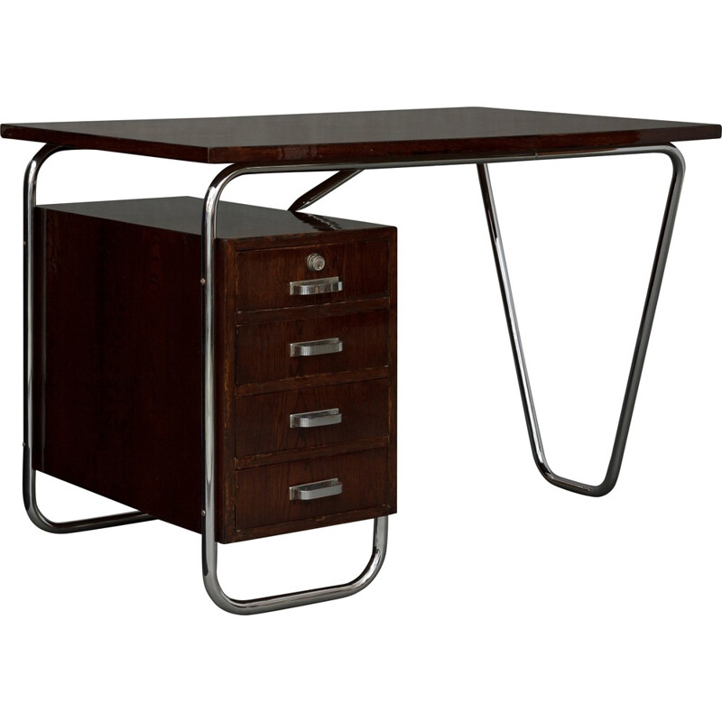 Konova Bauhaus brown chromed metal and oakwood desk, Petr VICHR - 1930s