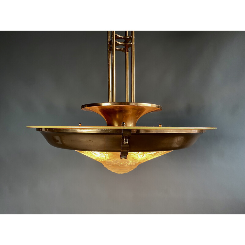 French Art Deco vintage brass and glass chandelier