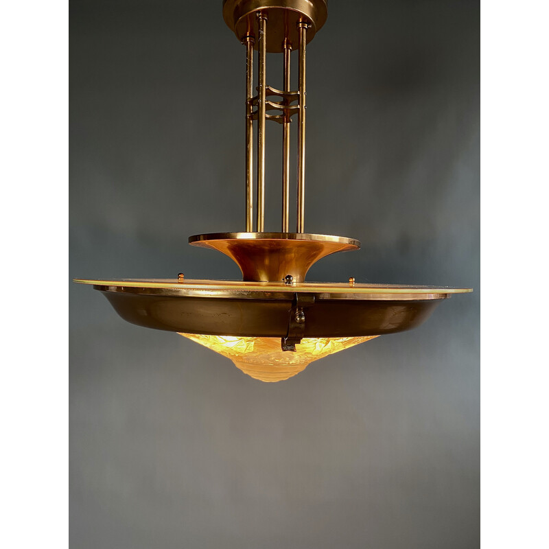 French Art Deco vintage brass and glass chandelier