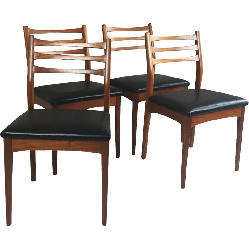 Ensemble de 4 chaises vintage Meredrew en teck et simili cuir - 1960