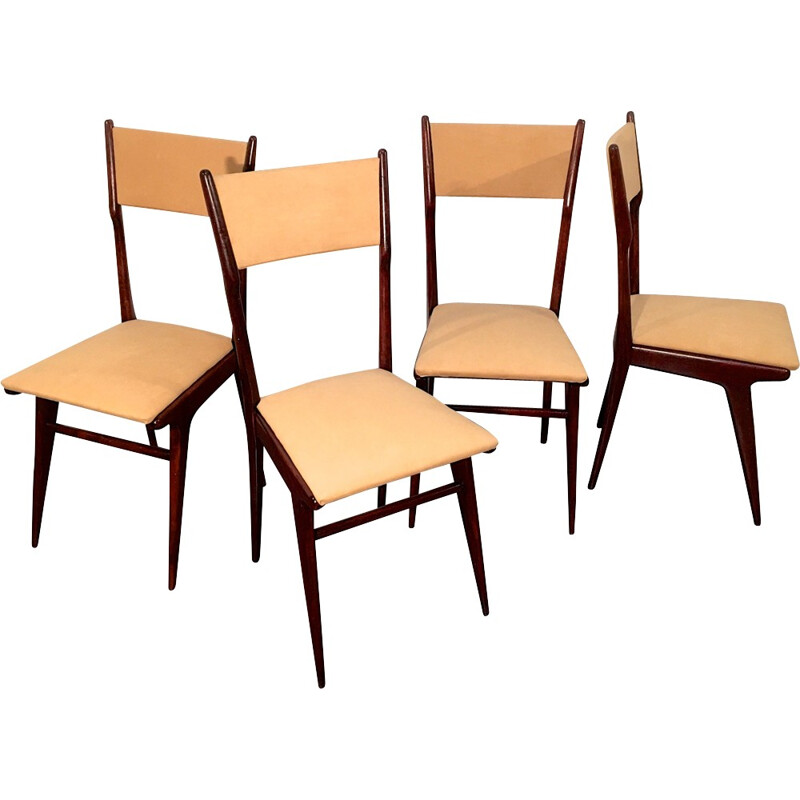 Set of 4 mid century beech dining chairs in camel color, Carlo DI CARLI - 1950s