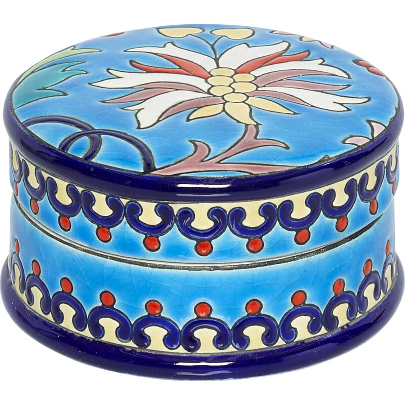 Round vintage turquoise blue Art Deco glazed ceramic box, 1940