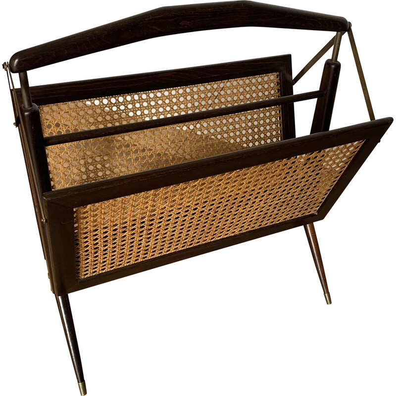 Vintage folding magazine rack in cane, wood and brass, 1950