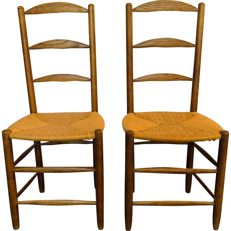 Pair of vintage solid wood straw chairs