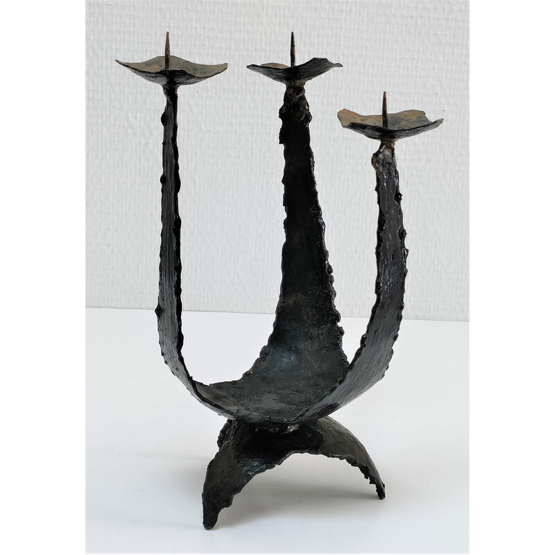 Pair of vintage sculptural candlesticks in metal, France 1970s