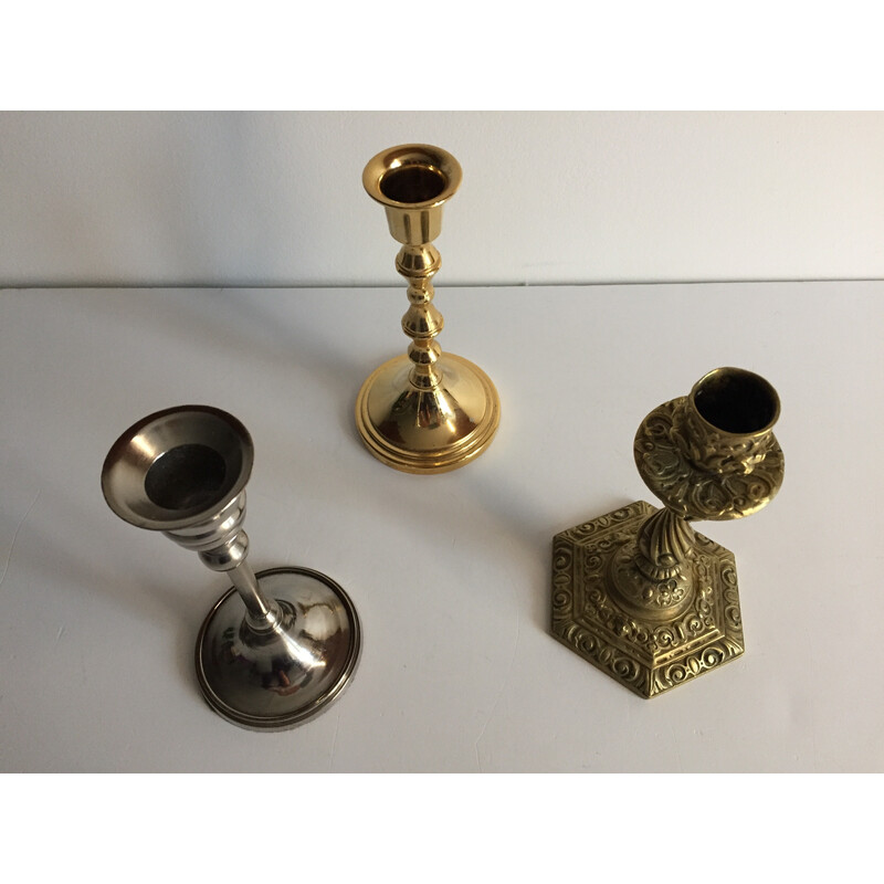 Set di 3 portacandele vintage in ottone e argento placcato