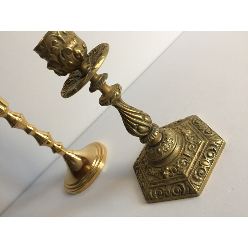 Set of 3 vintage candlesticks in brass and silver plated metal