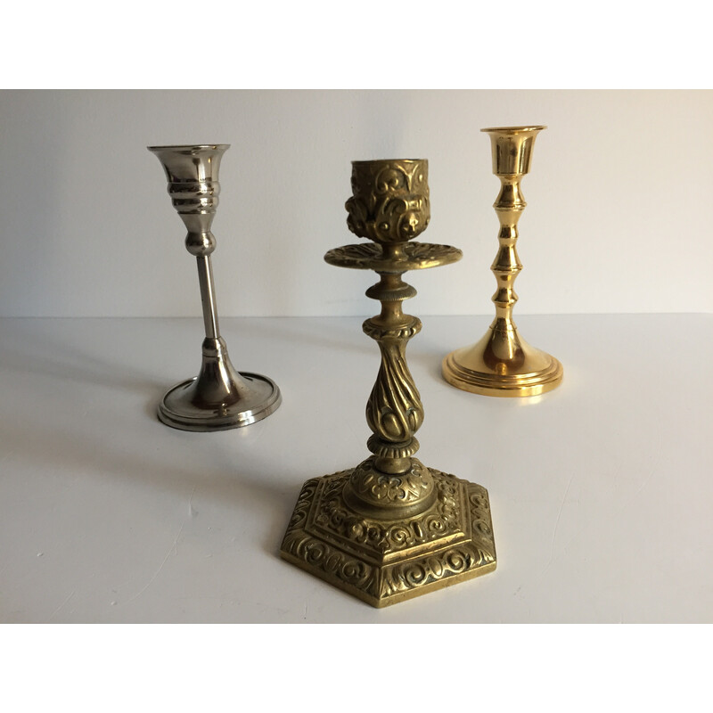 Set of 3 vintage candlesticks in brass and silver plated metal