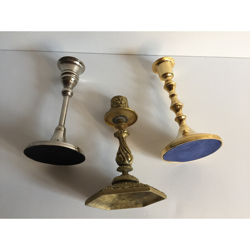 Set di 3 portacandele vintage in ottone e argento placcato