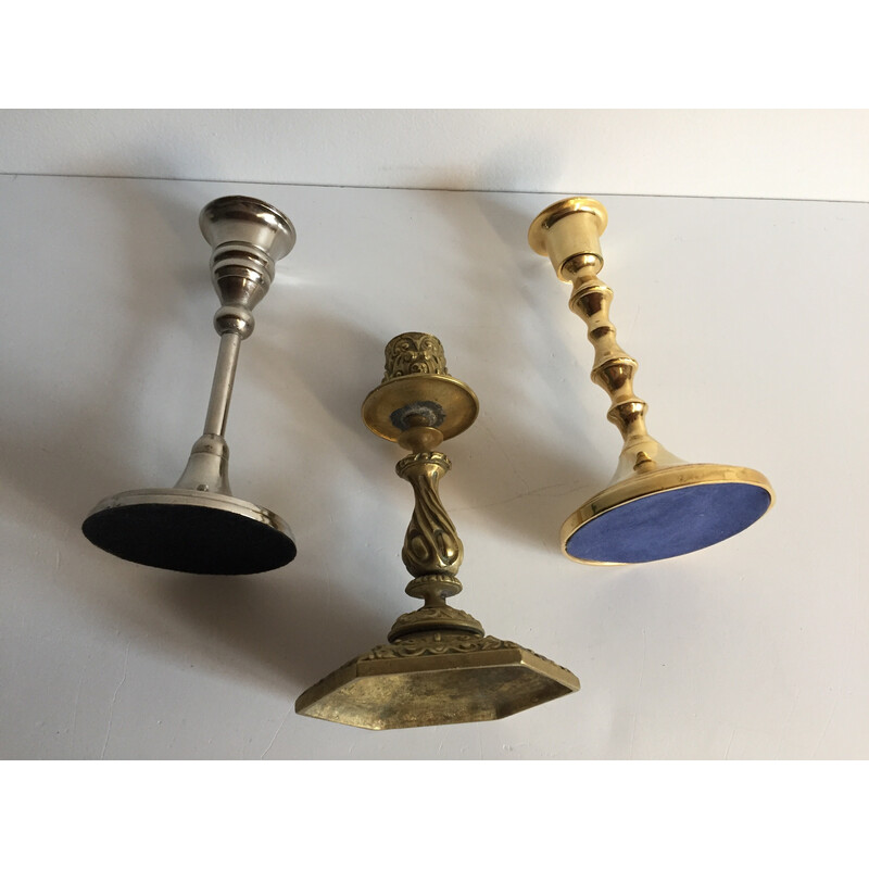 Set of 3 vintage candlesticks in brass and silver plated metal