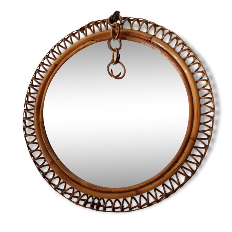 Rattan and velvet mirror with spiral border - 1940s