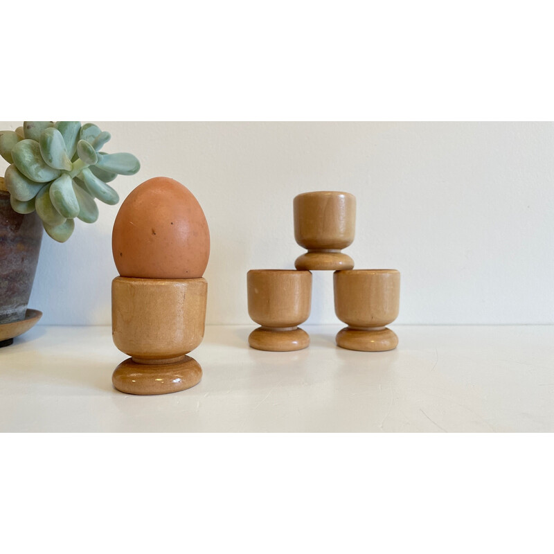 Set of 8 vintage turned wood egg cups, 1970-1980s