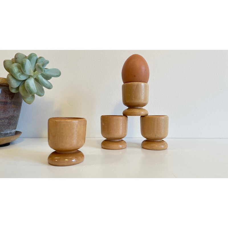 Set of 8 vintage turned wood egg cups, 1970-1980s