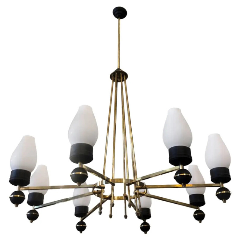 Vintage brass and black metal chandelier, Italy 1950s