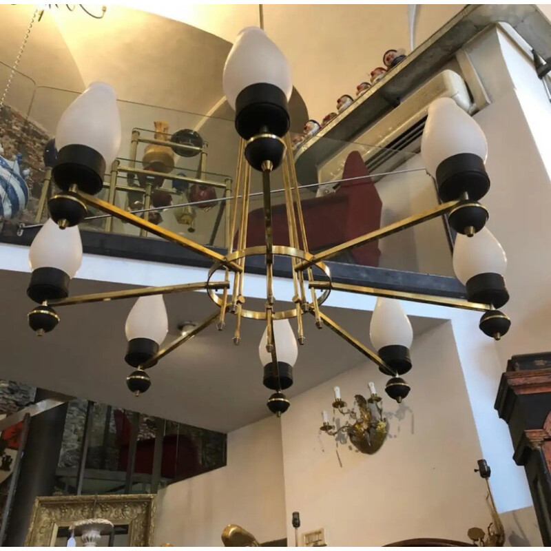 Vintage brass and black metal chandelier, Italy 1950s