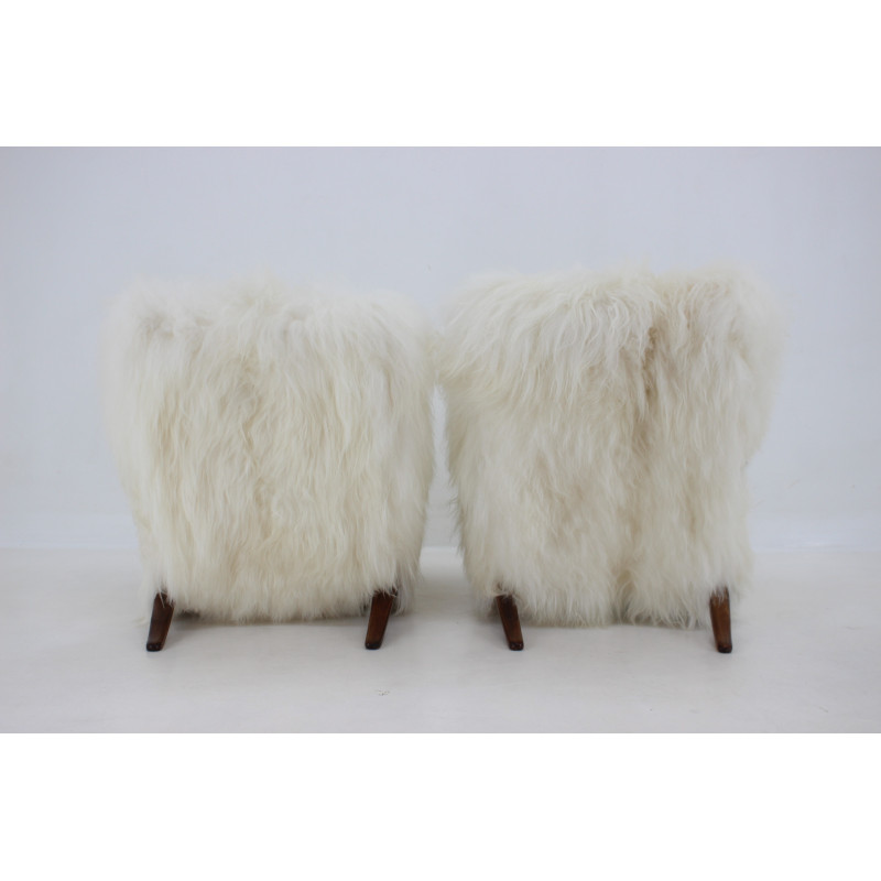 Pair of vintage "jindrich halabala" h-269 armchairs in sheep skin, Czechoslovakia 1930s