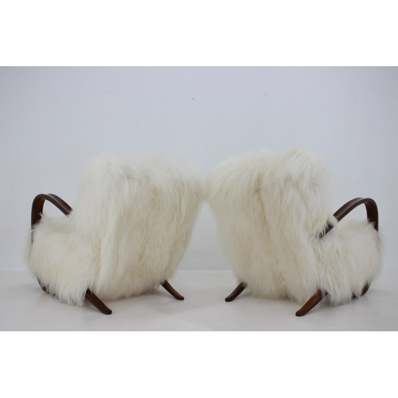 Pair of vintage "jindrich halabala" h-269 armchairs in sheep skin, Czechoslovakia 1930s