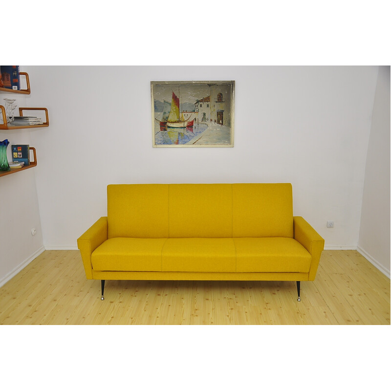 Vintage yellow sofa bed on metal legs, 1970s