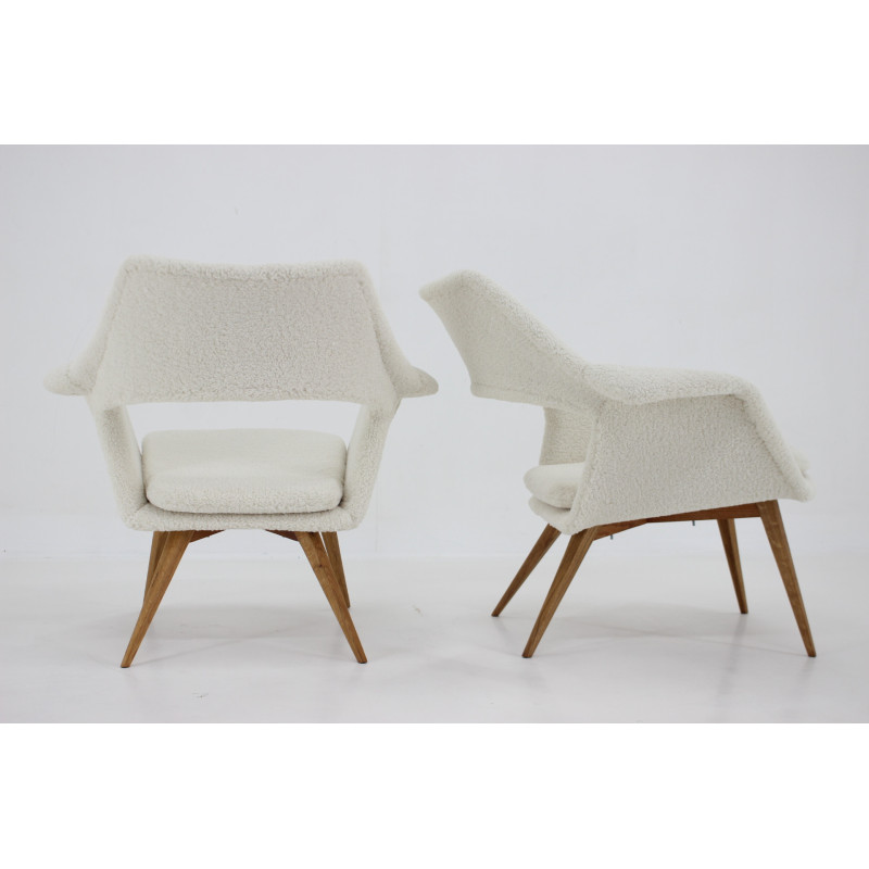 Pair of vintage Shell armchairs in sheepskin fabric by Miroslav Navratil, Czechoslovakia 1960s