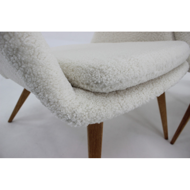 Pair of vintage Shell armchairs in sheepskin fabric by Miroslav Navratil, Czechoslovakia 1960s