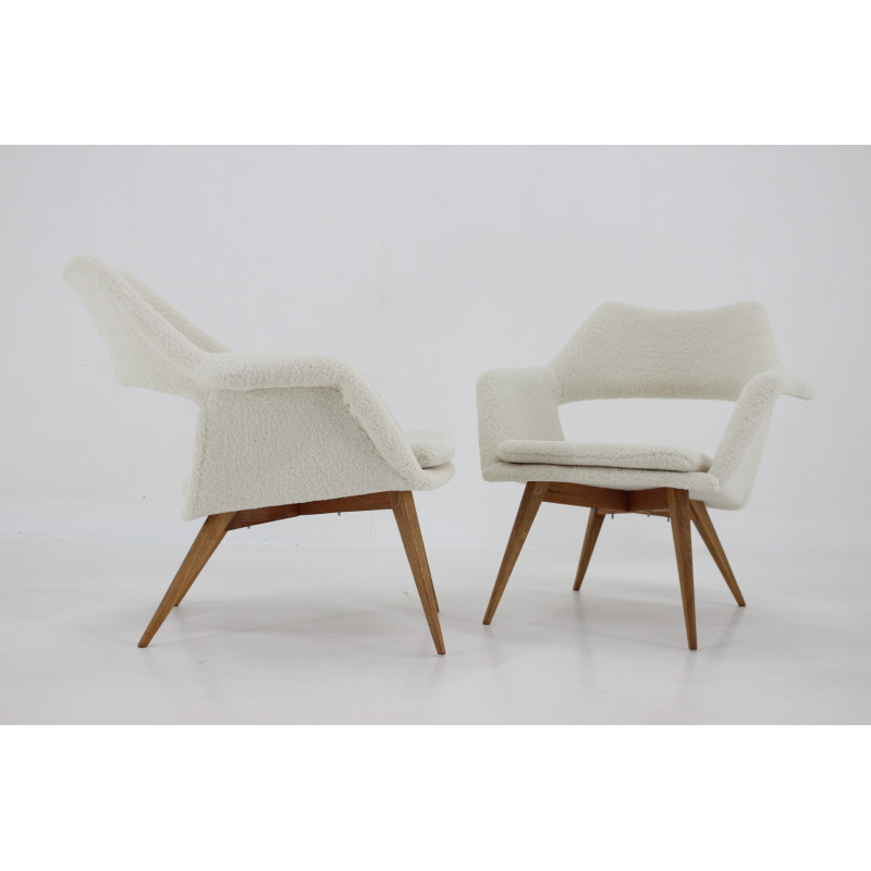 Pair of vintage Shell armchairs in sheepskin fabric by Miroslav Navratil, Czechoslovakia 1960s