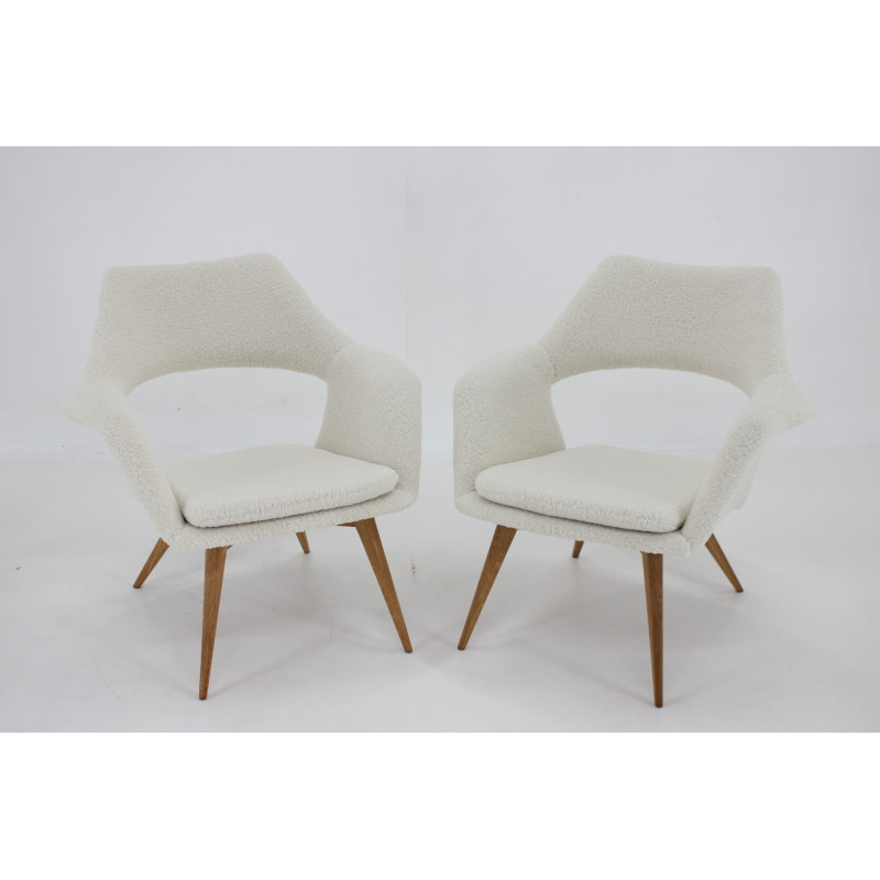 Pair of vintage Shell armchairs in sheepskin fabric by Miroslav Navratil, Czechoslovakia 1960s