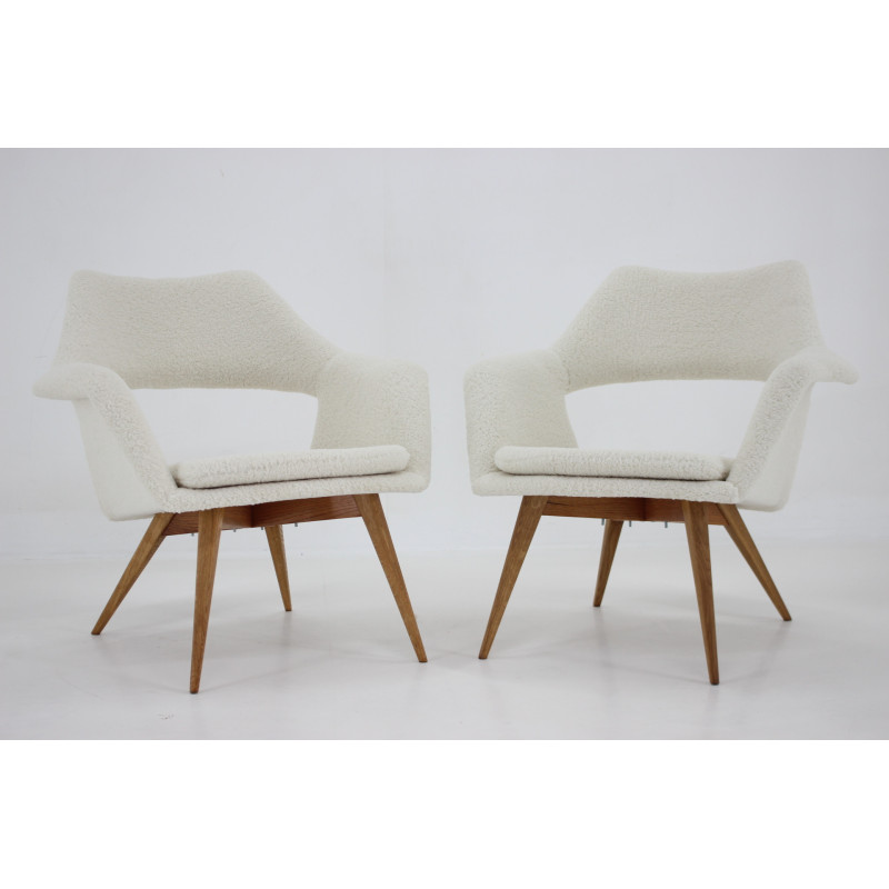 Pair of vintage Shell armchairs in sheepskin fabric by Miroslav Navratil, Czechoslovakia 1960s