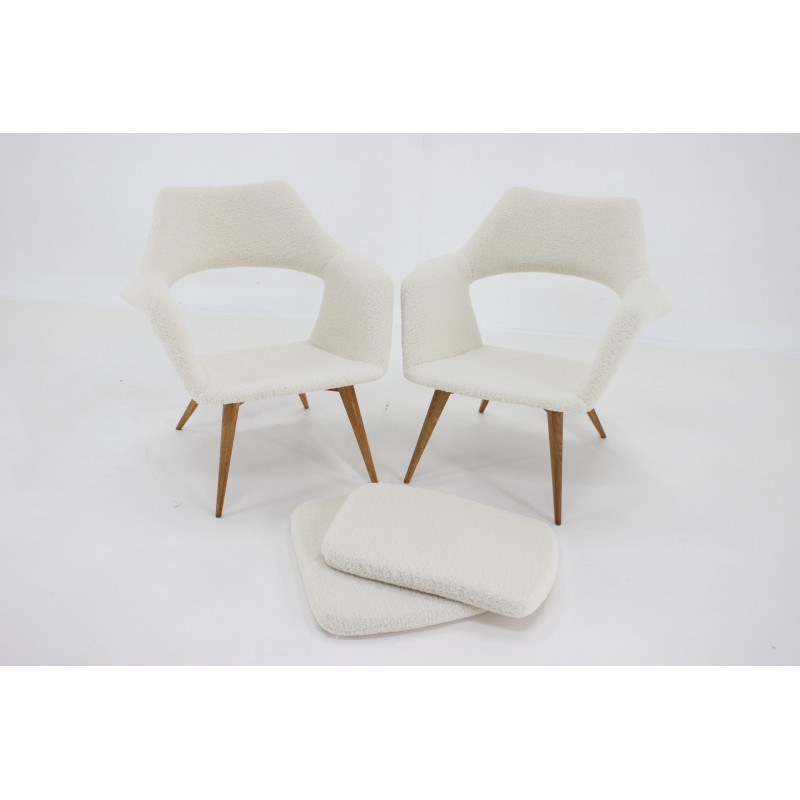 Pair of vintage Shell armchairs in sheepskin fabric by Miroslav Navratil, Czechoslovakia 1960s