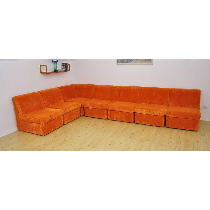 Mid-century orange corduroy modular sofa, 1970s